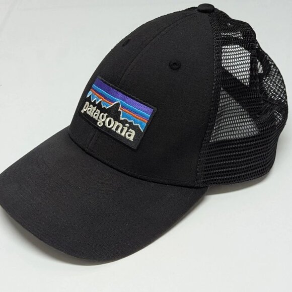 Patagonia P-6 Logo LoPro Trucker Hat Black Adjustable Snapback Mesh Cap Moutain - Picture 2 of 3